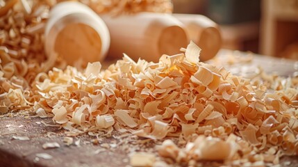 A pile of wood shavings on a table in a workshop