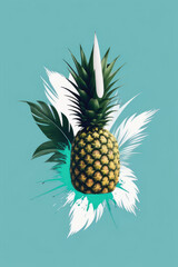 Juicy ripe flying pineapple fruit and pineapple pieces on pastel blue background.