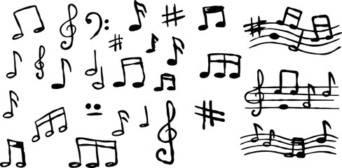 Music note sketch style. Classic musical element collection. Creative drawing sign isolated on white. Doodle melody symbol set