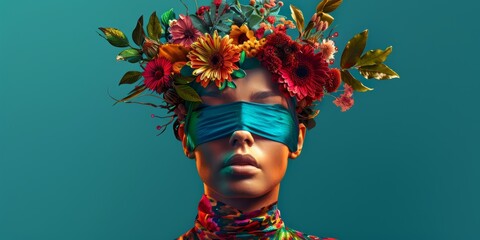 Wall Mural - Love, beautiful girl portrait in pastel vivid, fresh, Spring, flowers, a wreath of flower in the hair of a young woman with face mask through the eyes