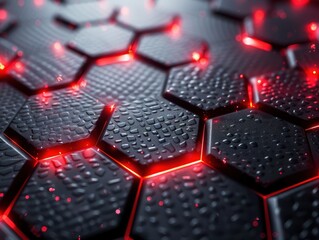 Wall Mural - Hexagonal carbon fiber with red luminous lines and highlights background. AI generated image