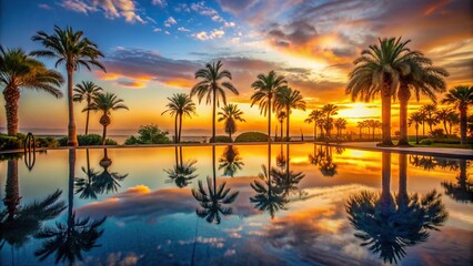 Wall Mural - Sunset casting a warm glow over a tranquil oasis with palm trees reflected in a peaceful pool, sunset, oasis
