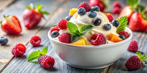 Wall Mural - Creamy fruit yogurt ice cream dessert made with fresh fruits and berries, close-up background , smoothie, ice cream, texture