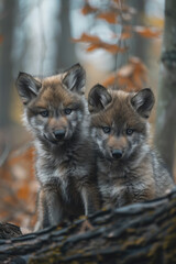 Wall Mural - Young wolf pups exploring the forest, with curious eyes and fluffy fur,