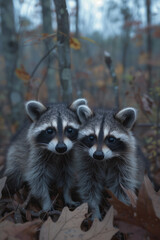 Wall Mural - Young raccoon kits exploring the forest at dusk,