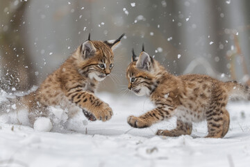 Wall Mural - Young lynx kittens with tufted ears playing in the snow,