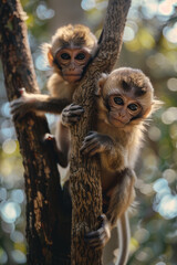 Wall Mural - Baby monkeys swinging from tree branches in the jungle,