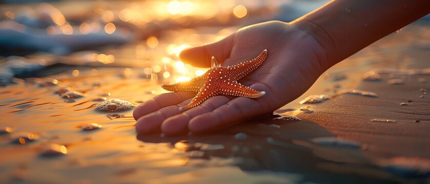 A Hands holding a starfish delicately with the golden light of sunset reflecting on a serene beach