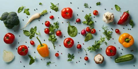 Wall Mural - Various vegetables floating against a plain backdrop. Concept Food Photography, Fresh Produce, Floating Vegetables, Creative Backdrops, Still Life Art