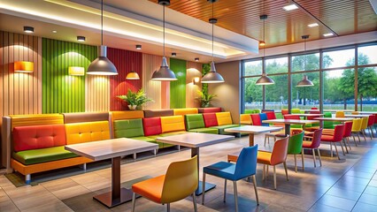 Wall Mural - Fast food cafe with vibrant seating and modern decor, fast food, cafe, interior, restaurant, seating, vibrant, modern