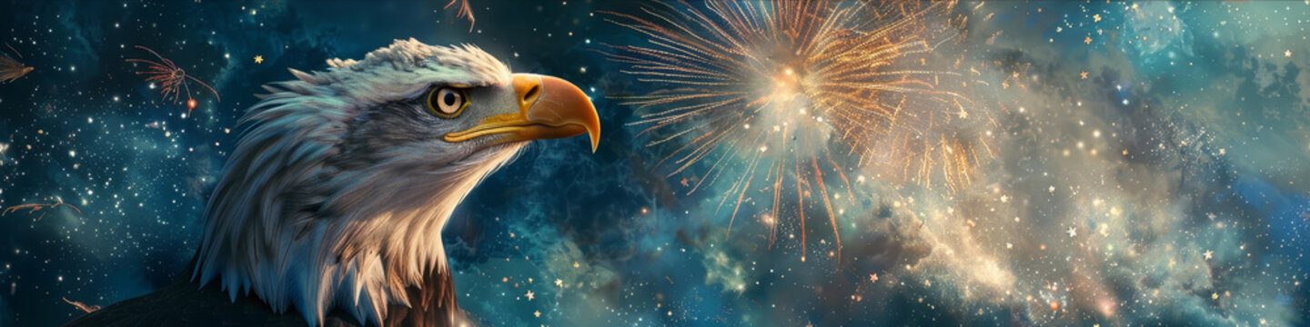 Stunning patriotic double exposure wallpaper design featuring an eagle silhouette and colorful fireworks bursting in the sky.