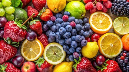 Poster - Close up of a variety of fresh and vibrant fruits including grapes, lemons, and berries , fresh, vibrant, fruits, close up