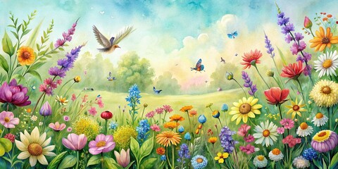 Wall Mural - Watercolor bird's eye view of a colorful, flowering meadow with detailed nature elements in the background