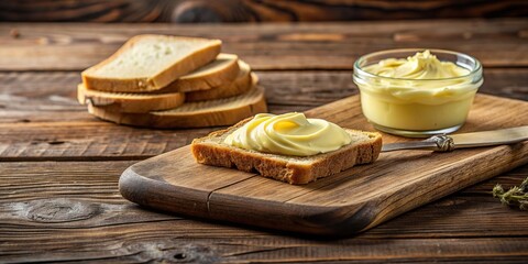 Poster - Butter spread on a rustic wooden board, butter, spread, wooden, board, rustic, dairy, creamy, kitchen, food, cooking