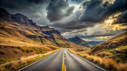 Wall Mural - Open road winding through rugged mountain terrain under overcast sky, mountains, road, travel, landscape, nature