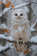Wall Mural - Albino owl perched on a branch, blending in with the snowy forest,