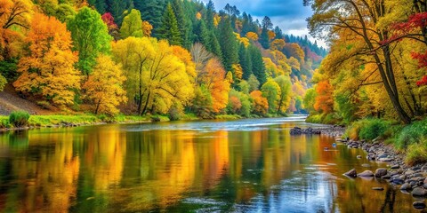 Wall Mural - Colorful fall scenes on the Big Sandy River, featuring vibrant green and yellow foliage, Big Sandy River, fall, colorful, scenic