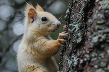 Albino squirrel climbing a tree in a dense forest,