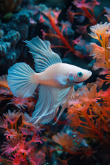 Wall Mural - Albino fish swimming in a colorful coral reef,