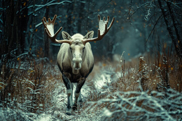 Wall Mural - Albino moose walking through a dense forest during winter,