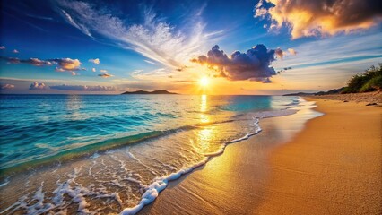 Wall Mural - Sandy beach with crystal clear blue sea and a beautiful sunset , vacation, ocean, shore, waves, sand, coastline, tropical