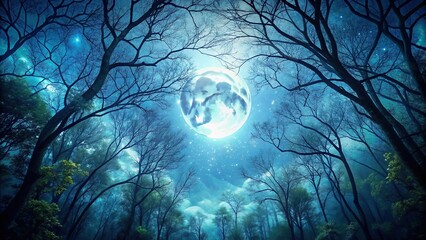 Wall Mural - Moonlight filtering through dense forest branches , moon, peeking, branches, dense, forest, night, illumination, sky, surreal