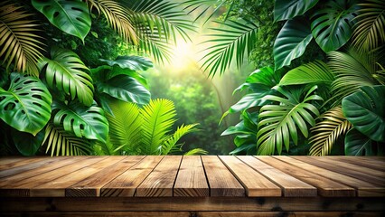 Sticker - Wooden table surrounded by lush jungle leaves backdrop, nature, greenery, tropical, foliage, vibrant, exotic, botanical