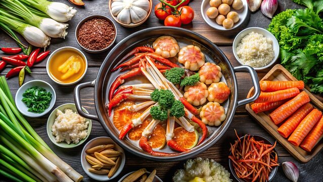 Assortment of ingredients for crab hot pot, crab, seafood, assortment, Japanese cuisine, hot pot, cooking, ingredients, food