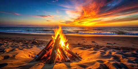 Sticker - Beach bonfire watching the sunset over the ocean, beach, bonfire, sunset, ocean, fire, sand, relaxation, vacation, warmth, summer