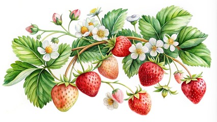 Wall Mural - Watercolor strawberries on a branch with flowers and leaves , seamless, pattern, fruit, red, juicy, watercolor,botanical, garden