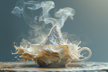 Poster - An artistic composition of a coffee cup with steam shaped like a mountain, symbolizing conquering the day,