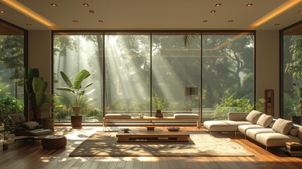 Sticker - Modern Living Room With Large Windows and Sunlight Streaming Through Trees