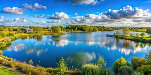 Wall Mural - Scenic view of Rushden Lakes in Northamptonshire, England, nature, lake, trees, shopping, leisure, outdoor, retail