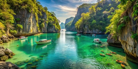 Sticker - Tranquil lagoon surrounded by greenery and cliffs with boats in calm water, lagoon, tranquil, greenery, cliffs, boats