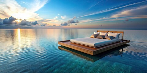 Sticker - Canvas bed floating on the ocean with a view of the pool and the sea, canvas bed, floating, ocean, pool, sea, relaxing