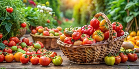 Wall Mural - Bountiful harvest of homegrown tomatoes in a backyard garden, tomatoes, homegrown, garden, harvest, fresh, ripe, organic