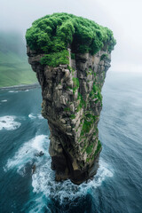 Poster - Mushroom-shaped island with tall, narrow landforms and lush vegetation,