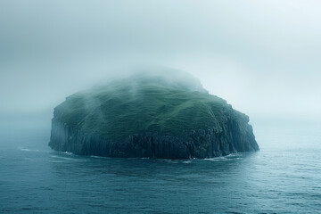 Poster - Island covered in a thick layer of mist, creating an eerie and mysterious atmosphere,