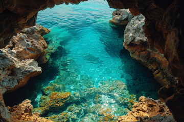 Poster - Island with a maze of underwater caves and vibrant coral reefs,