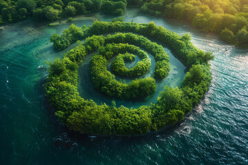 Poster - Spiral-shaped island with winding paths and dense forest,