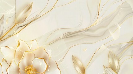 Wall Mural - White background and gold art marble abstract art background. Golden line art flower and leaves organic shapes, Wallpaper design, Wall art for home decor and prints.