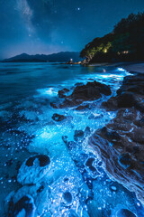 Poster - An island with bioluminescent beaches that glow at night,