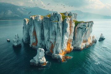 Poster - Mysterious island with unique rock formations rising from the sea,