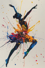 Aufkleber - Silhouette of a dancer formed by vibrant splashes of paint against a white background,