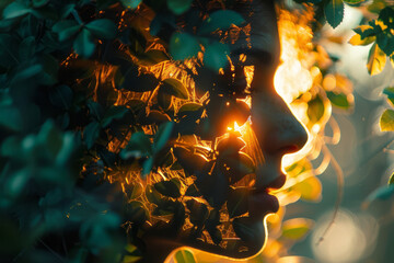 Aufkleber - Silhouette of a person composed of intertwining vines and leaves, symbolizing connection with nature,