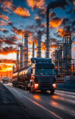 Tanker Truck at Industrial Refinery During Sunset. Generative ai