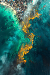 Aufkleber - Planet split into vibrant coral reefs and industrial zones,