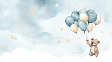 Poster - Watercolor teddy bear holding silver balloons flying in the sky