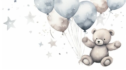 Poster - Watercolor teddy bear holding silver balloons flying in the sky