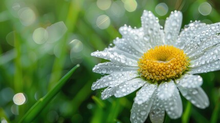 Sticker - Close up photo of a Daisy flower covered in dew growing in a meadow during springtime